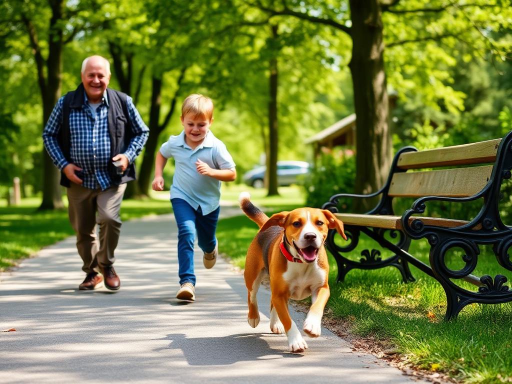 Grandparents walking with kids and a dog