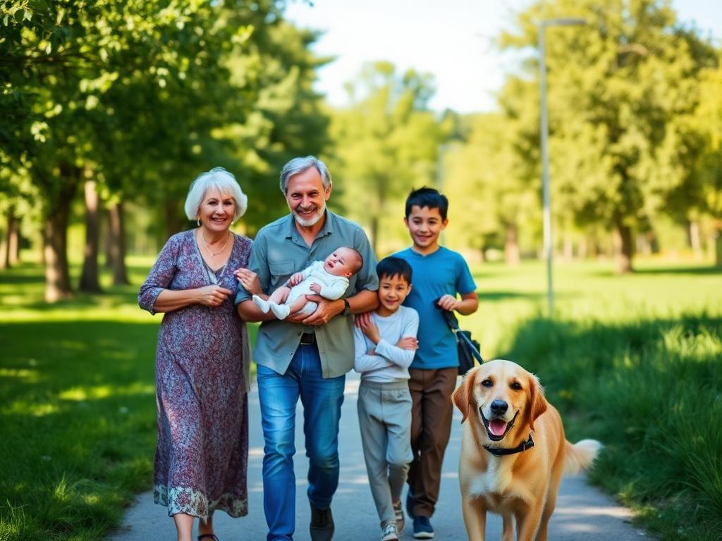 Family walking with their dog
